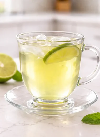 Iced lemon balm herbal tea with lime slice featured in Lemon Balm Weight Loss Guide