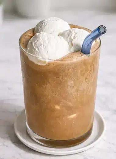 Banana Coffee Drinks served in a tall glass with a creamy iced coffee base topped with vanilla ice cream and a blue straw