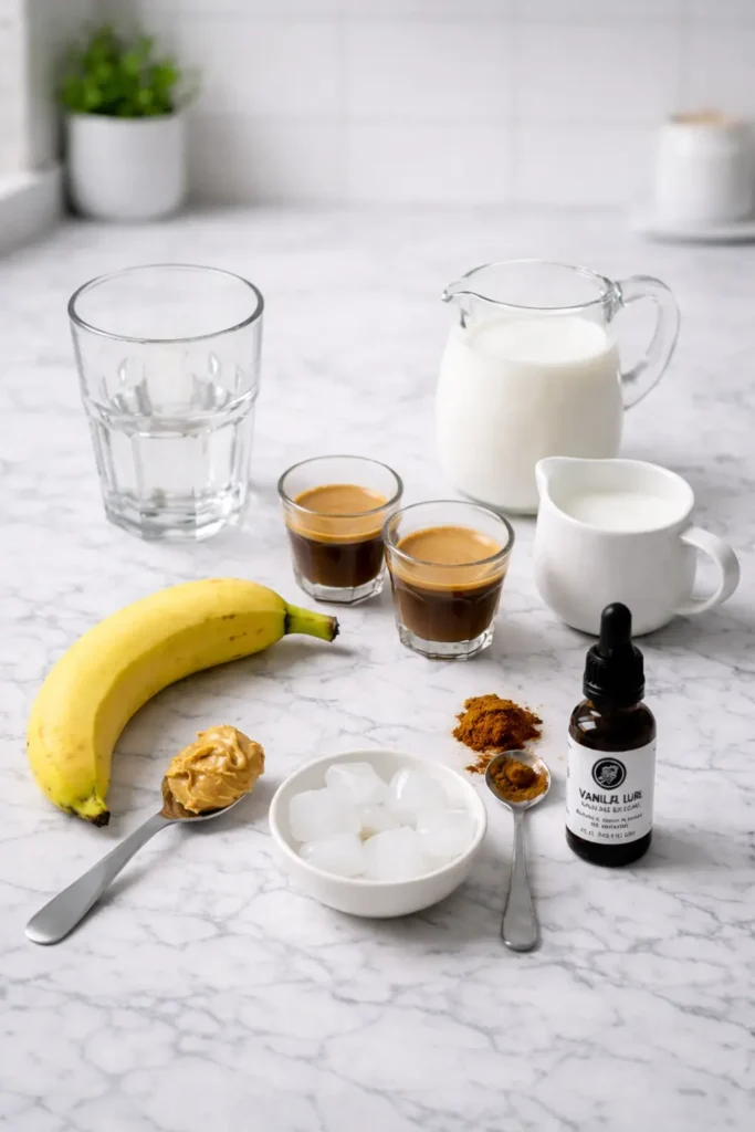 Banana Coffee Drinks ingredients displayed on a marble counter including banana, espresso shots, milk, ice cubes, vanilla extract, cocoa powder, and peanut butter