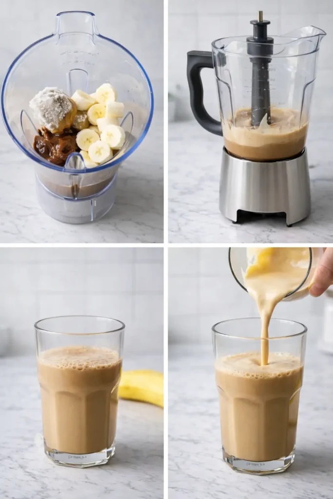 Banana Coffee Drinks step-by-step collage showing bananas and coffee in a blender, blending process, and creamy banana coffee poured into a glass