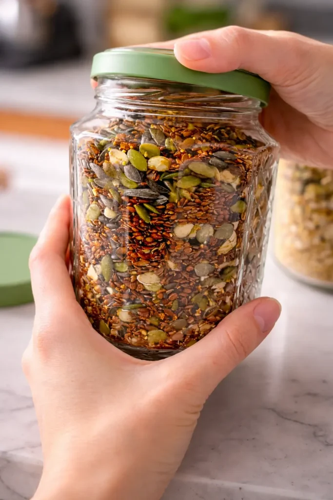 Hands holding a glass jar of mixed seeds featured in bariatric seed recipe for weight loss