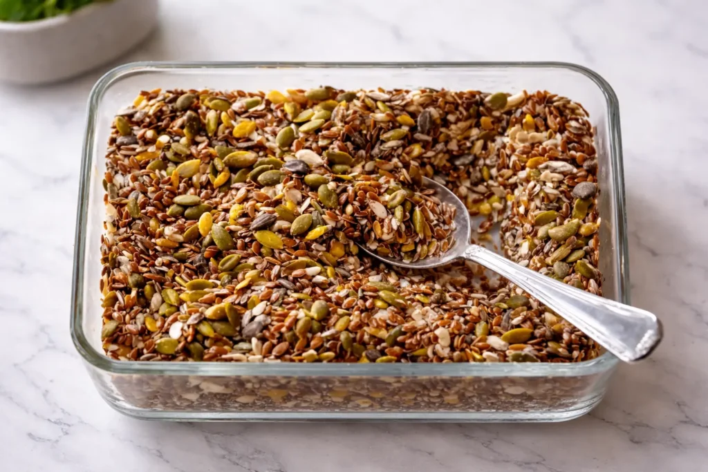 Bariatric Seed Recipe mixture spread in a glass dish with a spoon, showing flax seeds, pumpkin seeds, sunflower seeds, and chia seeds on a light marble surface
