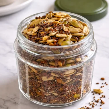 Bariatric Seed Recipe stored in a glass jar showing a mixed blend of flax seeds, pumpkin seeds, sunflower seeds, and chia seeds on a light countertop