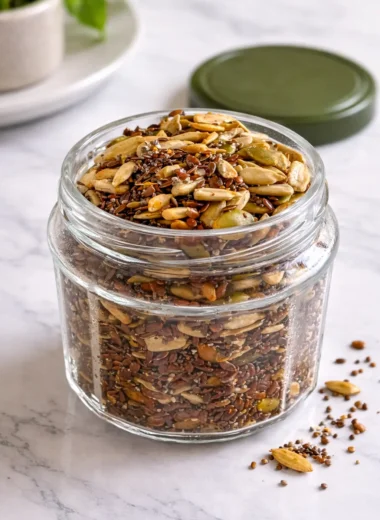 Bariatric Seed Recipe stored in a glass jar showing a mixed blend of flax seeds, pumpkin seeds, sunflower seeds, and chia seeds on a light countertop