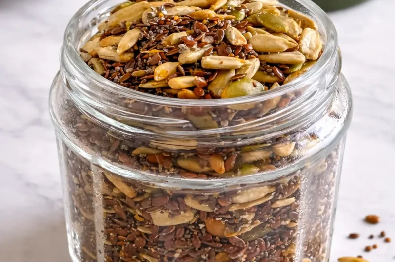 Bariatric Seed Recipe stored in a glass jar showing a mixed blend of flax seeds, pumpkin seeds, sunflower seeds, and chia seeds on a light countertop