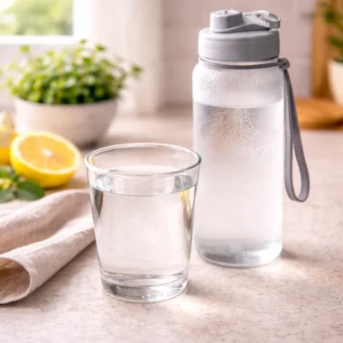Morning glass of water on kitchen counter representing hydration and weight loss routine