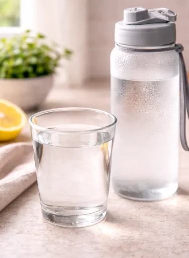 Morning glass of water on kitchen counter representing hydration and weight loss routine