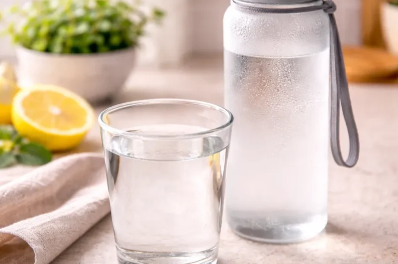 Morning glass of water on kitchen counter representing hydration and weight loss routine