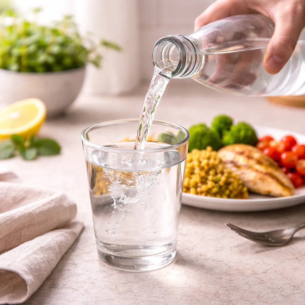 Glass of water served before a meal demonstrating hydration and weight loss strategy