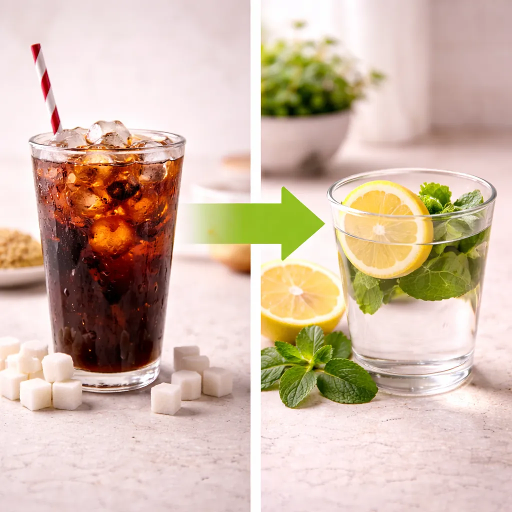 Comparison of soda and water illustrating hydration and weight loss beverage substitution