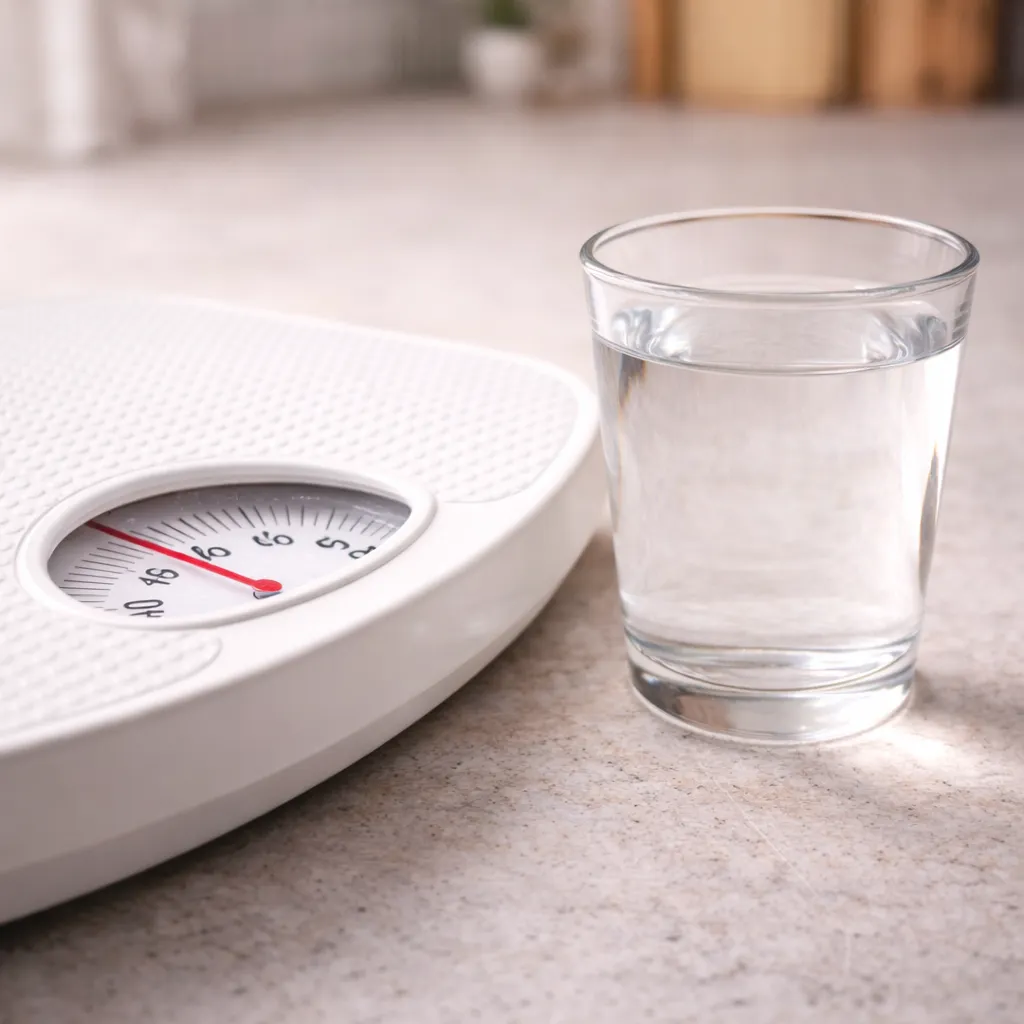Bathroom scale and glass of water representing hydration and weight loss scale fluctuations