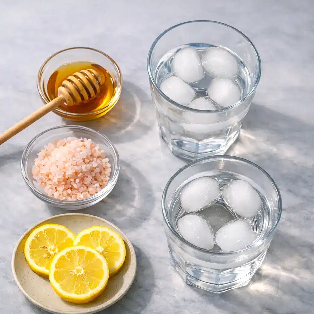 Japanese Pink Salt Weight Loss Drink ingredients shown in a flat lay with pink salt, lemon slices, honey, ice, and water glasses
