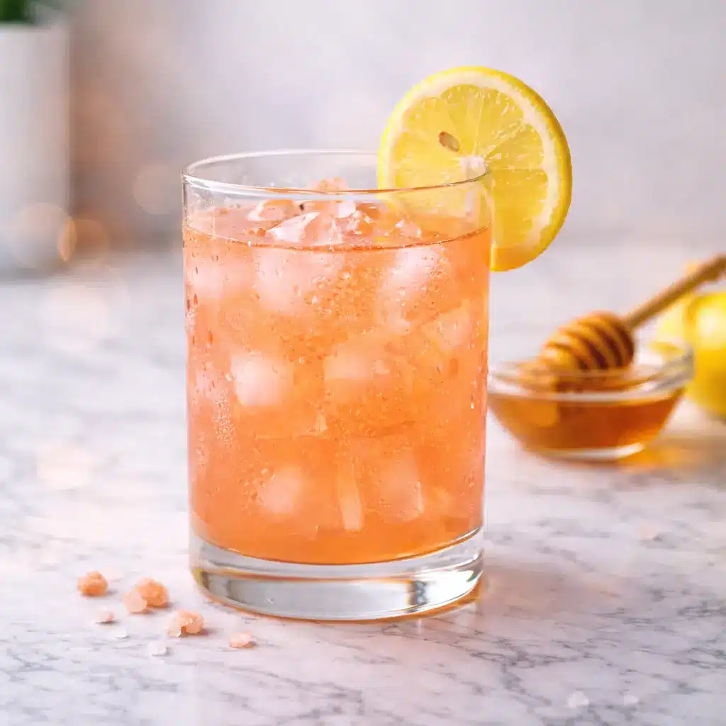 Japanese Pink Salt Weight Loss Drink served over ice with a lemon slice and honey on a marble countertop