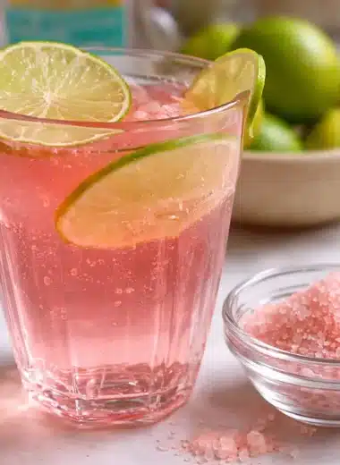 Japanese Pink Salt Weight Loss Drink served in a glass with ice, fresh lime slices, and a bowl of pink Himalayan salt on a marble surface