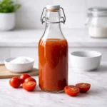 Korean Tomato Syrup Recipe in a glass bottle with fresh cherry tomatoes on a marble countertop