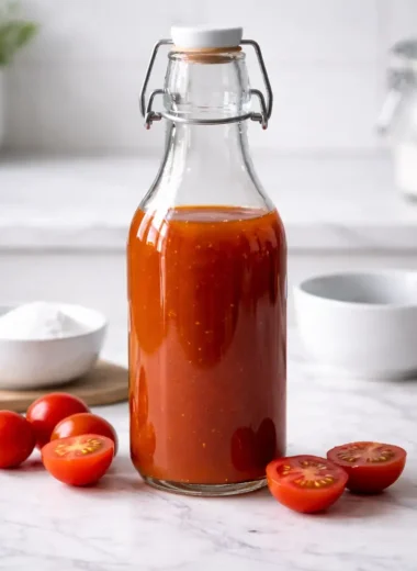 Korean Tomato Syrup Recipe in a glass bottle with fresh cherry tomatoes on a marble countertop