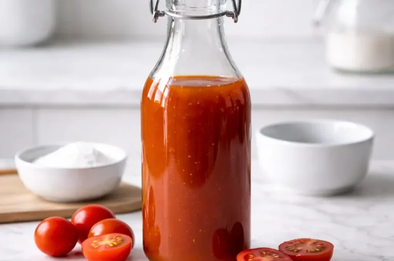 Korean Tomato Syrup Recipe in a glass bottle with fresh cherry tomatoes on a marble countertop