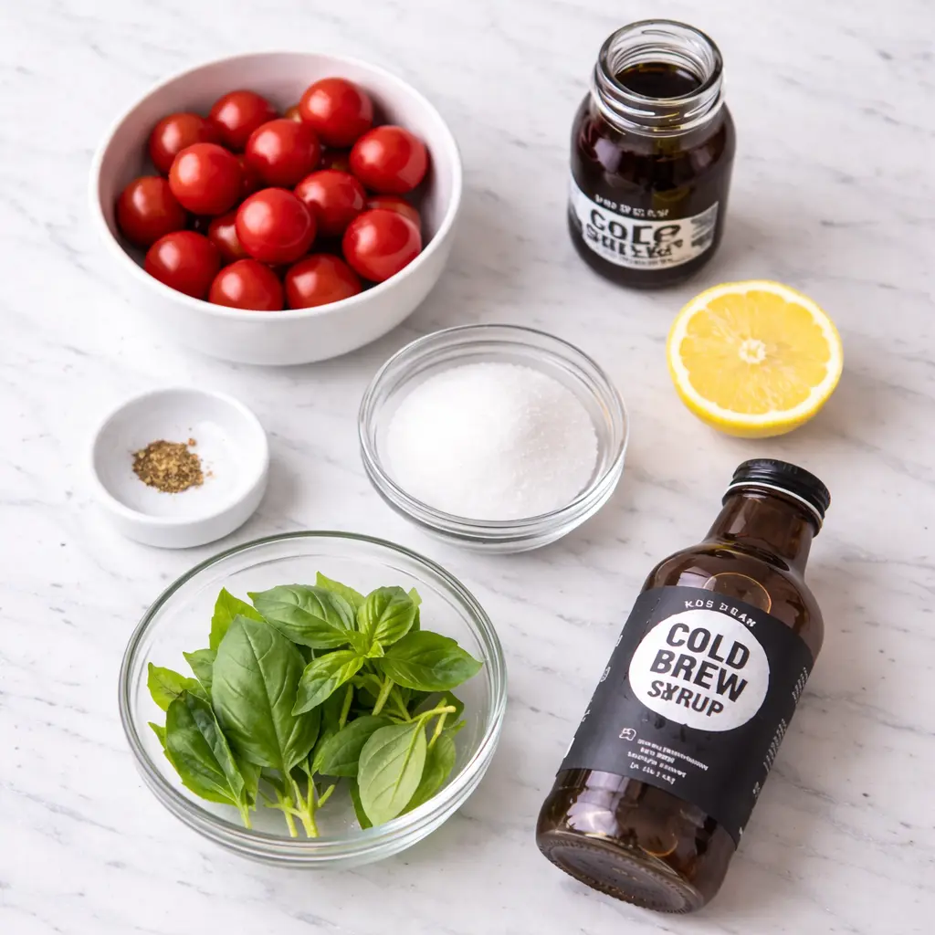 Ingredients for Korean Tomato Syrup Recipe including cherry tomatoes, sugar, lemon, basil, and syrup base