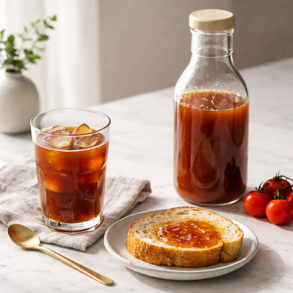 Korean Tomato Syrup Recipe served as an iced drink and spread on toast with fresh tomatoes