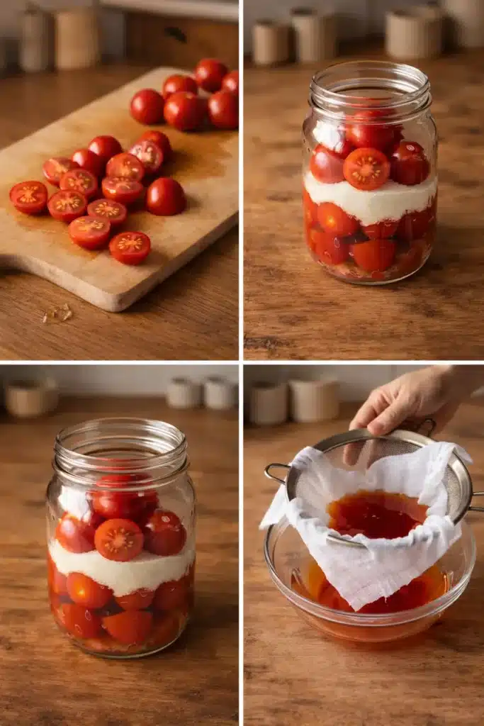 Step-by-step Korean Tomato Syrup Recipe showing cherry tomatoes, sugar maceration, and straining process