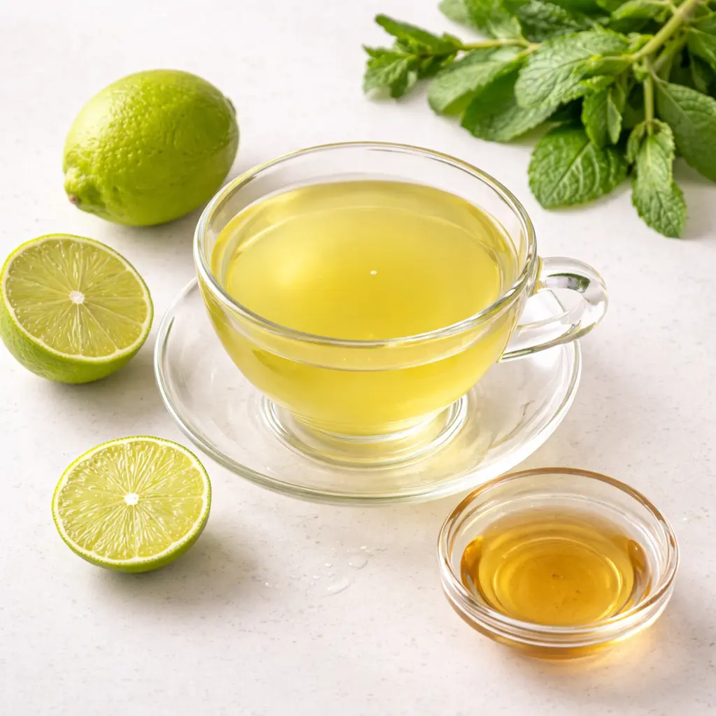 Lemon Balm Recipe for Weight Loss served in a glass cup with fresh lime halves, lemon balm leaves, and a small bowl of honey
