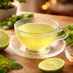 Lemon Balm Recipe for Weight Loss served as a warm herbal tea in a glass cup with lime slices and fresh mint on a wooden table