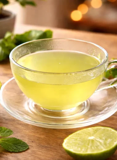 Lemon Balm Recipe for Weight Loss served as a warm herbal tea in a glass cup with lime slices and fresh mint on a wooden table