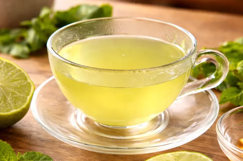 Lemon Balm Recipe for Weight Loss served as a warm herbal tea in a glass cup with lime slices and fresh mint on a wooden table
