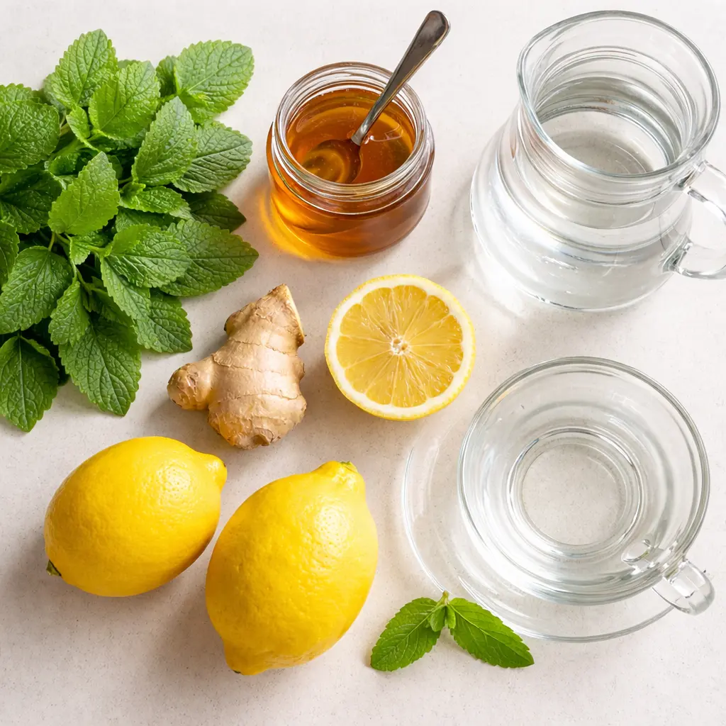 Lemon Balm Recipe for Weight Loss ingredients including fresh lemon balm leaves, lemons, ginger, honey, and hot water in glass cups