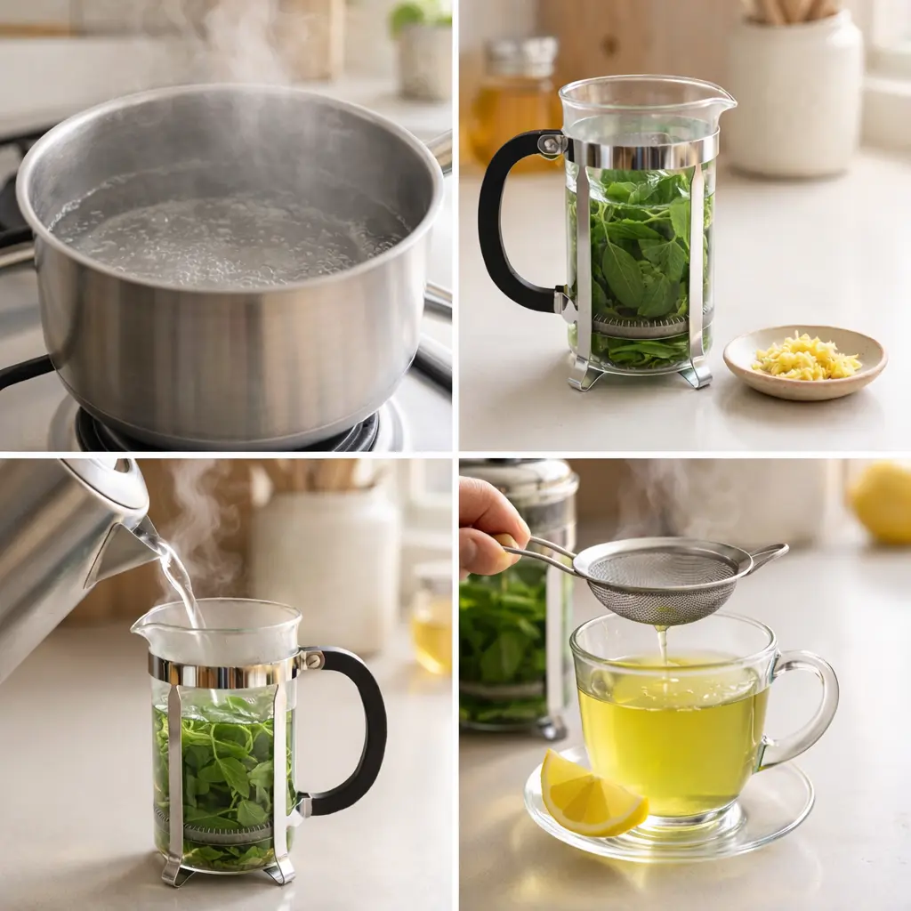 Lemon Balm Recipe for Weight Loss step-by-step preparation showing boiling water, steeping lemon balm leaves, and straining herbal tea