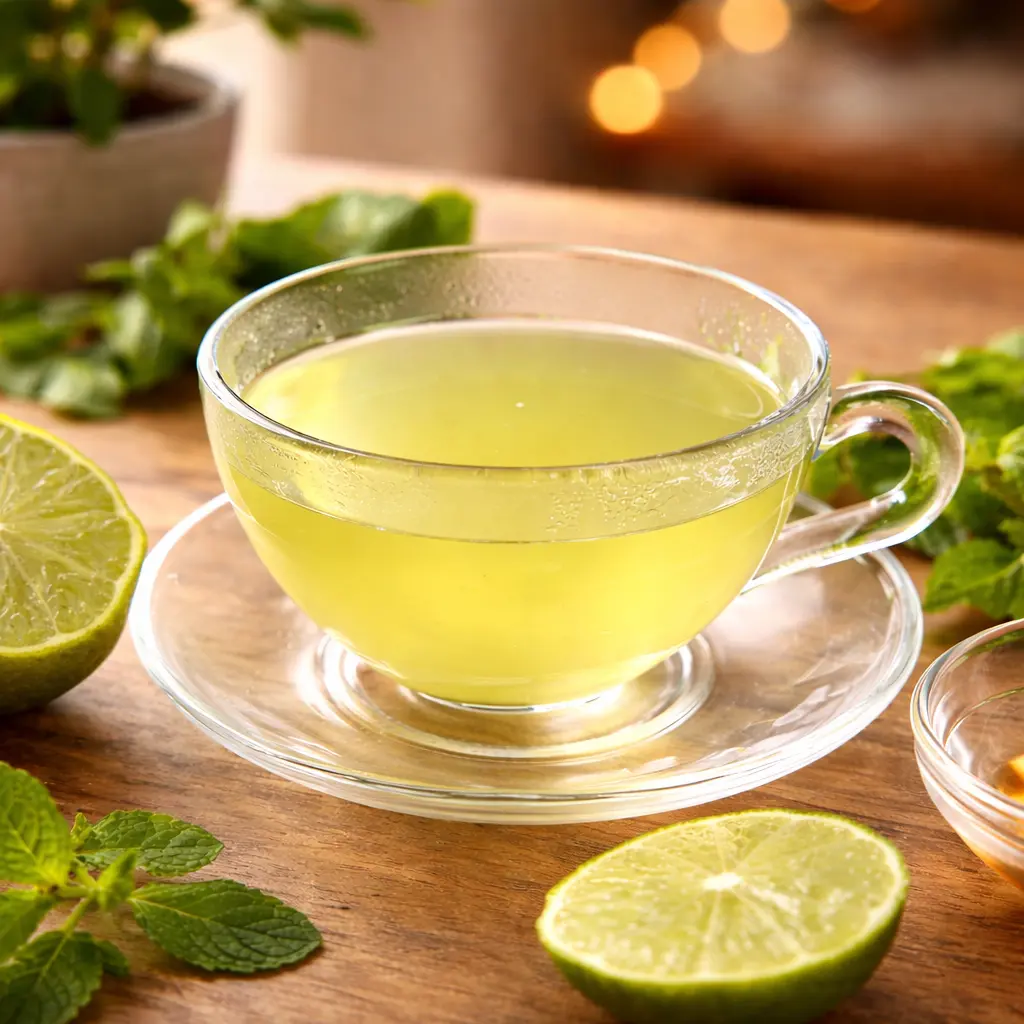 Warm lemon balm tea in a glass cup with lime slices and fresh mint highlighting Lemon Balm Weight Loss Benefits