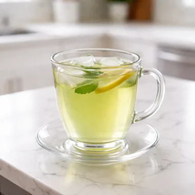 Glass cup of herbal tea illustrating lemon balm weight loss benefits with fresh mint leaves, lemon slice, and ice on a marble countertop