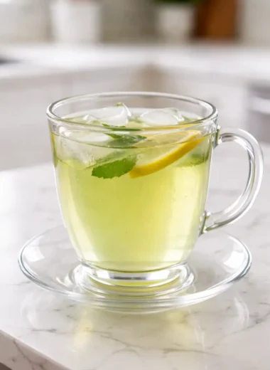 Glass cup of herbal tea illustrating lemon balm weight loss benefits with fresh mint leaves, lemon slice, and ice on a marble countertop