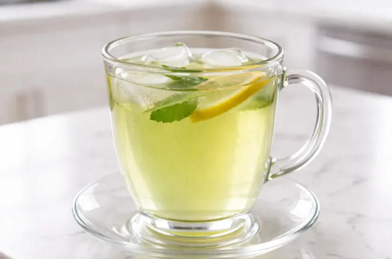 Glass cup of herbal tea illustrating lemon balm weight loss benefits with fresh mint leaves, lemon slice, and ice on a marble countertop