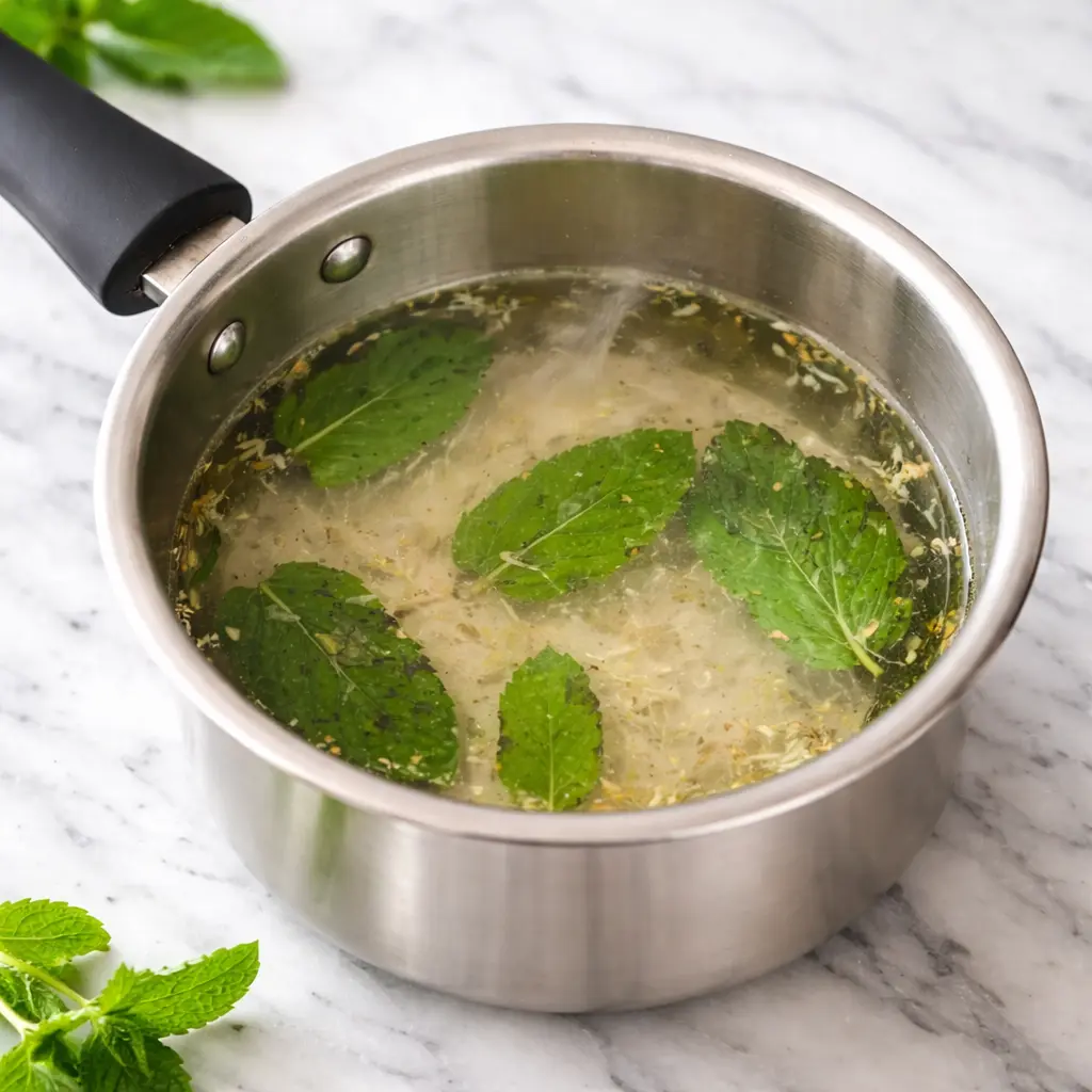 Lemon balm leaves steeping in hot water featured in Lemon Balm Weight Loss Guide