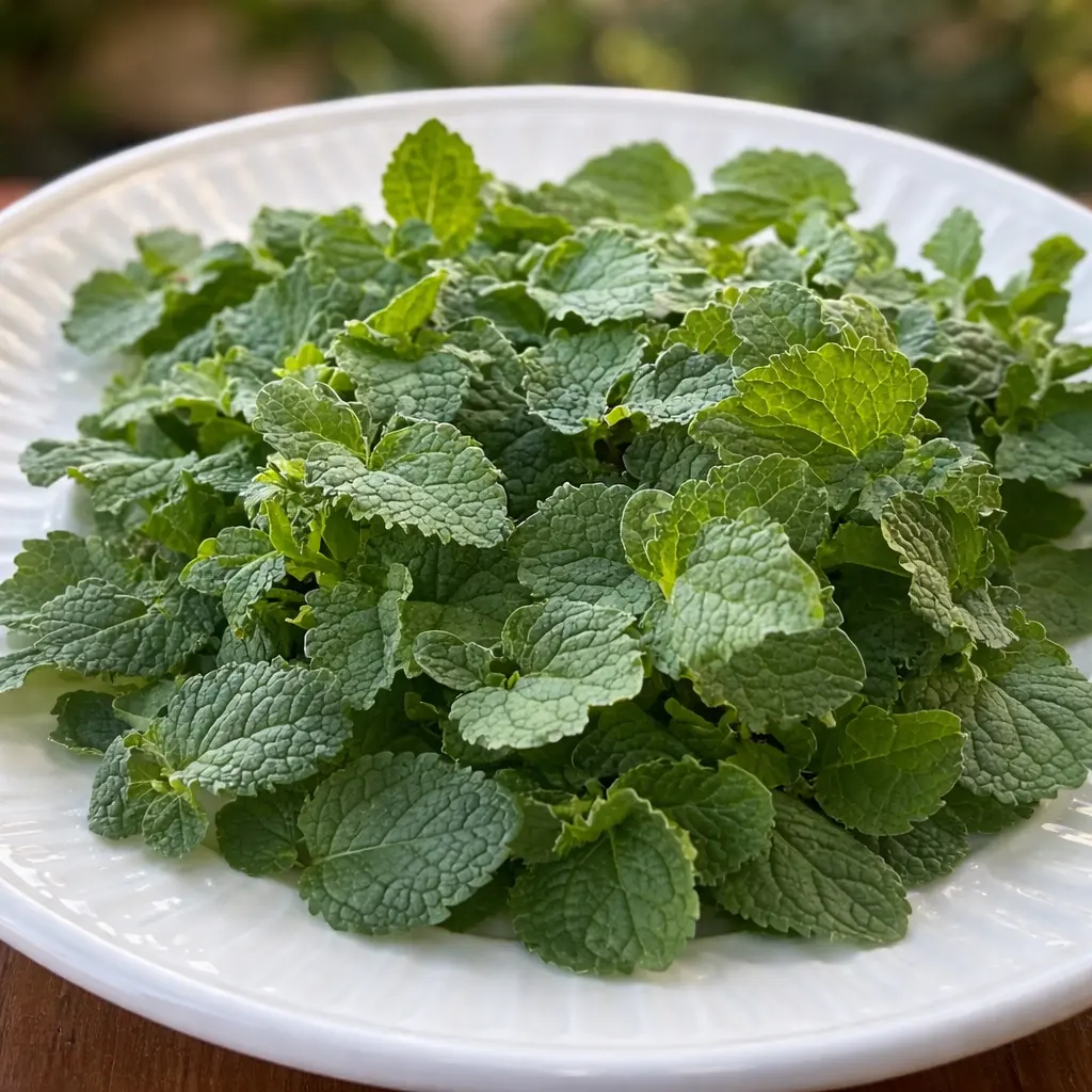 Fresh lemon balm leaves on a white plate featured in Lemon Balm Weight Loss Guide