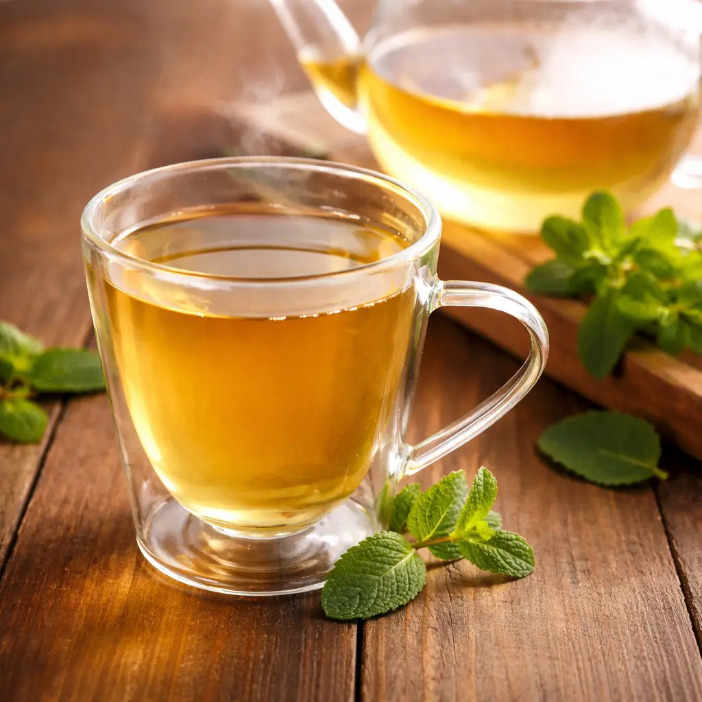 Warm lemon balm tea in a glass cup featured in Lemon Balm Weight Loss Guide