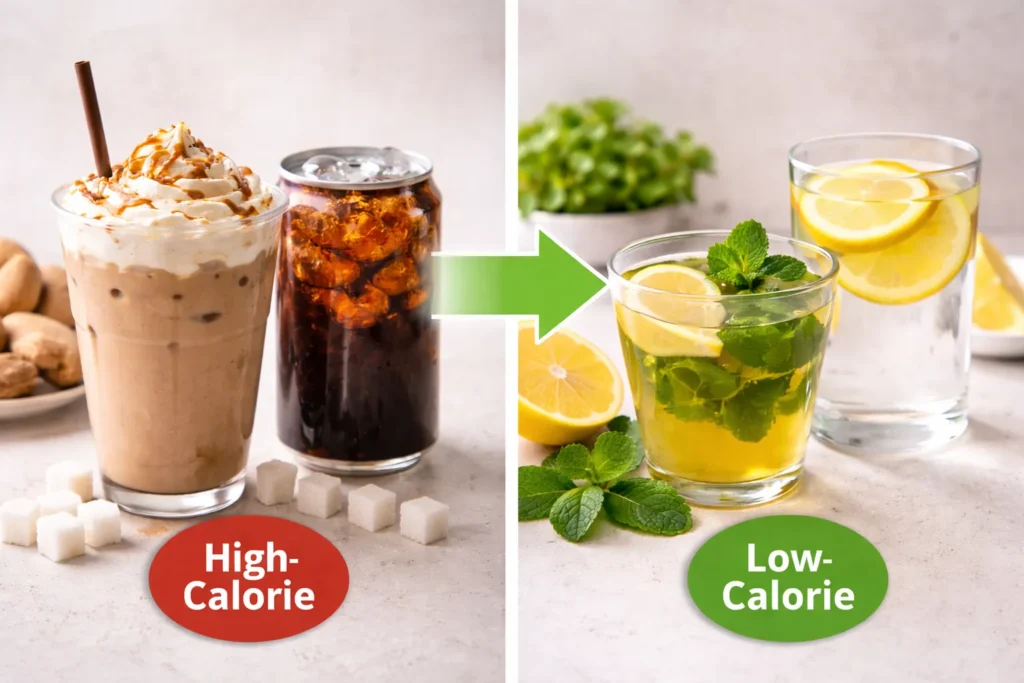 Natural weight loss drinks comparison showing high-calorie sugary coffee and soda versus low-calorie lemon water and herbal tea
