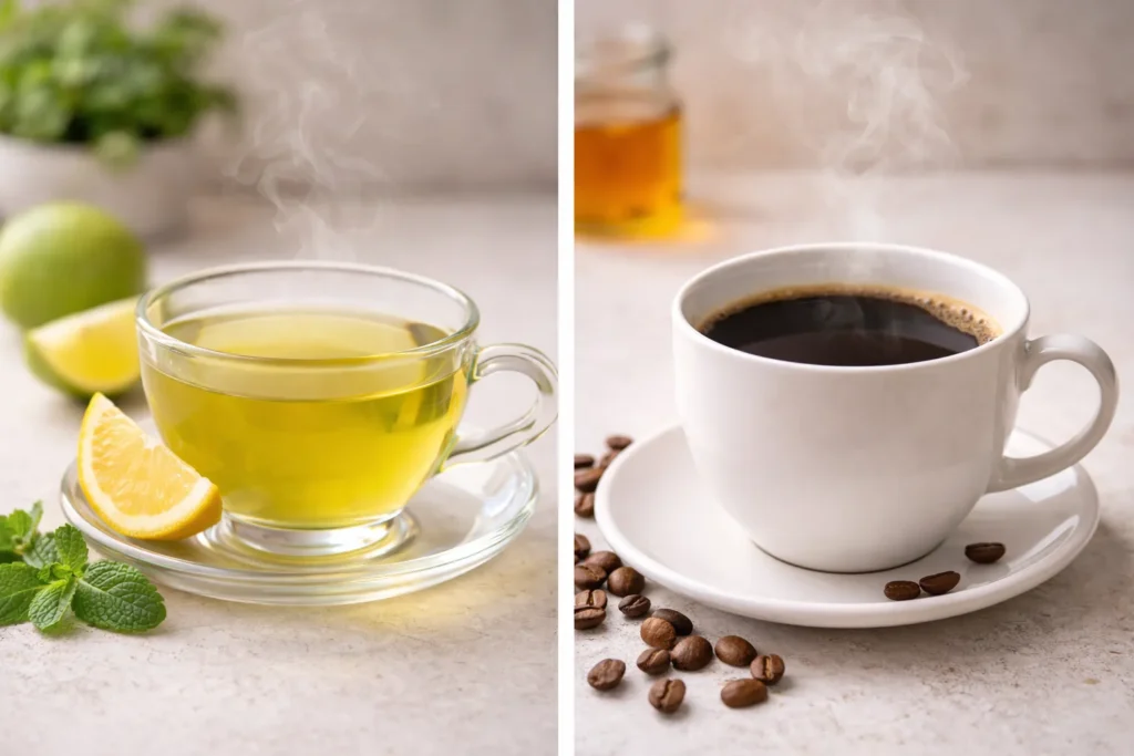 Natural weight loss drinks featuring green tea with lemon and black coffee side by side on a kitchen counter