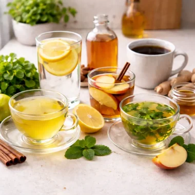 Natural weight loss drinks including green tea, lemon water, black coffee, and apple cider vinegar arranged with fresh ingredients on a kitchen counter