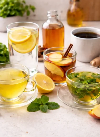Natural weight loss drinks including green tea, lemon water, black coffee, and apple cider vinegar arranged with fresh ingredients on a kitchen counter