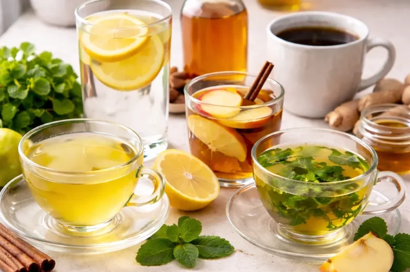 Natural weight loss drinks including green tea, lemon water, black coffee, and apple cider vinegar arranged with fresh ingredients on a kitchen counter