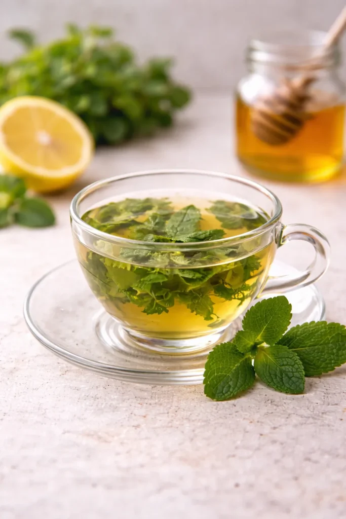 Natural weight loss drinks featuring lemon balm herbal tea with fresh leaves, lemon, and honey on a kitchen counter