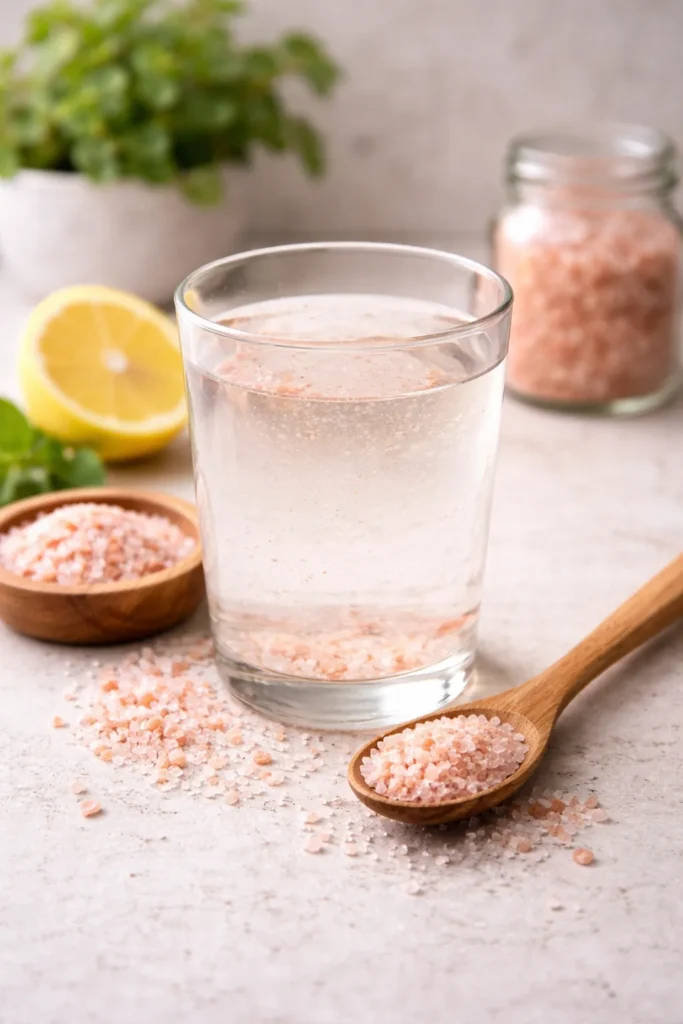Natural weight loss drinks featuring a glass of pink salt water with lemon and coarse Himalayan salt on a countertop