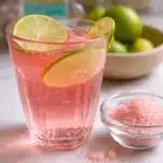 Pink salt recipe ingredients shown in a pink salt drink with lime slices and a bowl of pink salt
