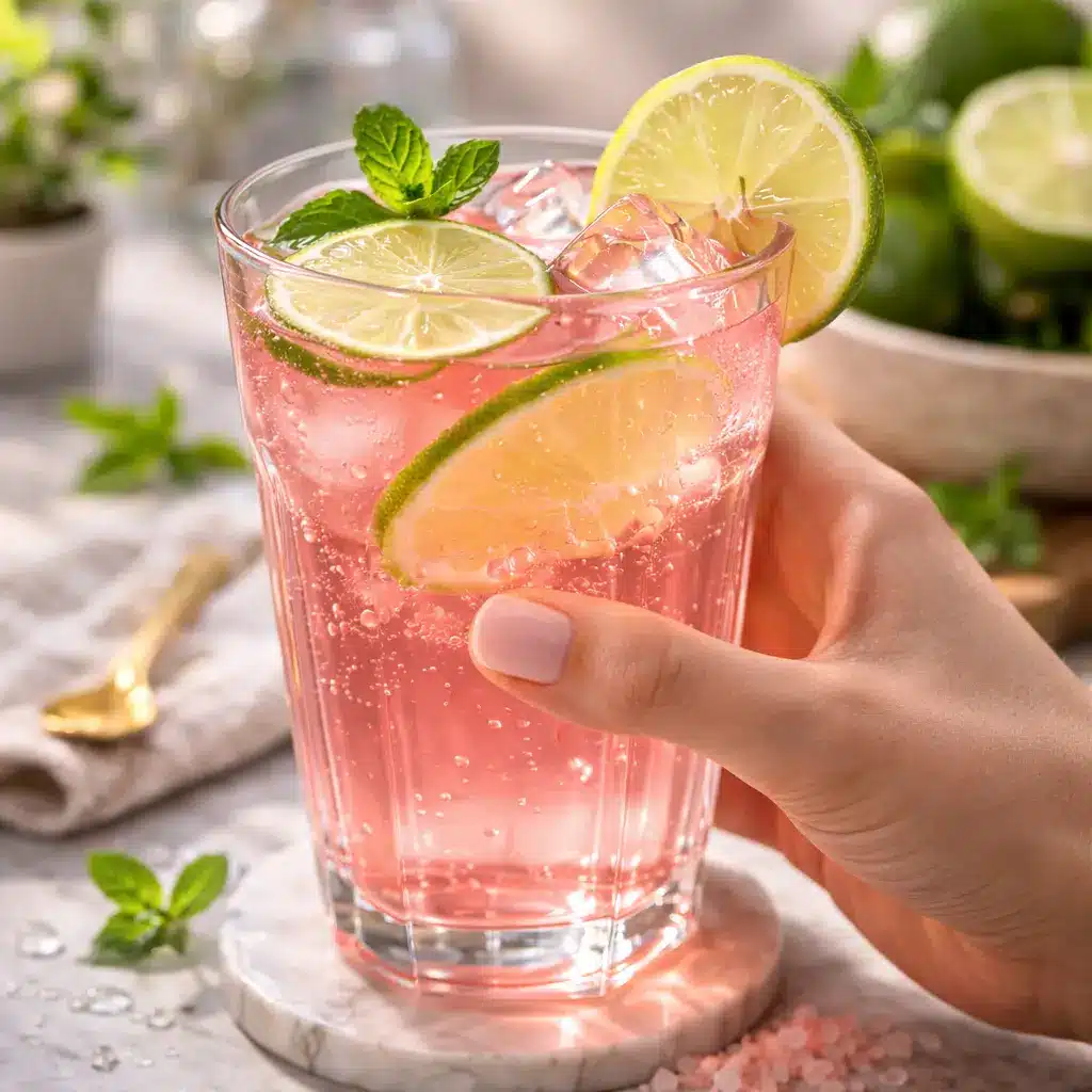 Pink Salt Trick Recipe drink held in hand with ice, lime slices, mint leaves, and a pink beverage in a clear glass
