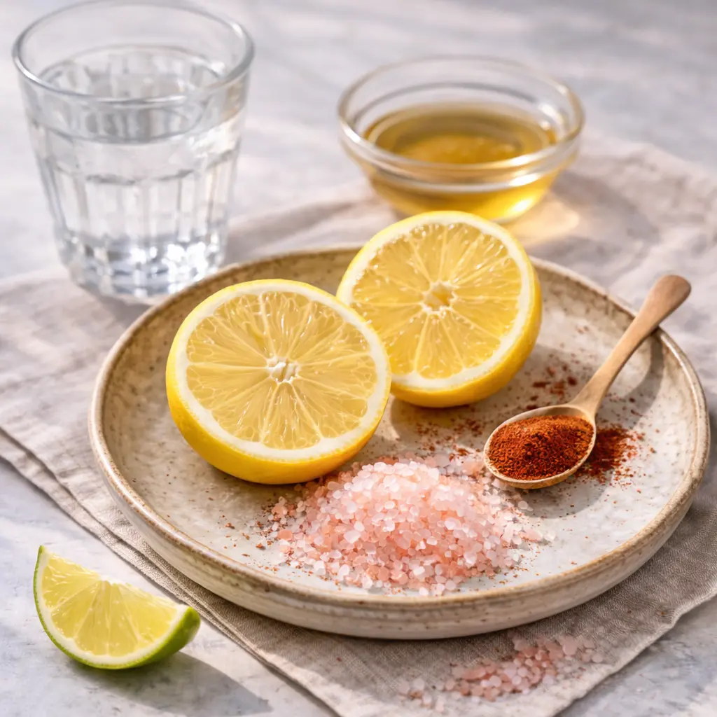 Pink Salt Trick Recipe ingredients with lemon halves, pink salt crystals, spices, honey, and a glass of water on a neutral surface