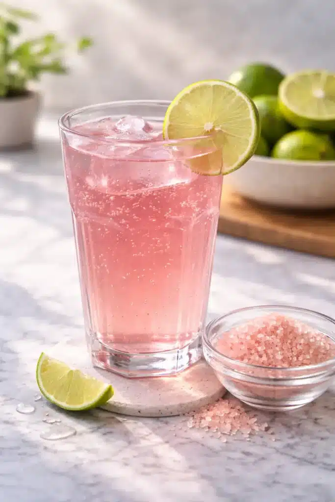 Pink Salt Trick Recipe drink in a clear glass with ice, lime slice garnish, and a bowl of pink salt on a marble surface