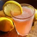 Pink Salt Weight Loss Drink in a clear glass with bubbles and a lemon slice garnish on a wooden surface