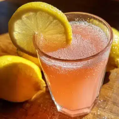 Pink Salt Weight Loss Drink in a clear glass with bubbles and a lemon slice garnish on a wooden surface